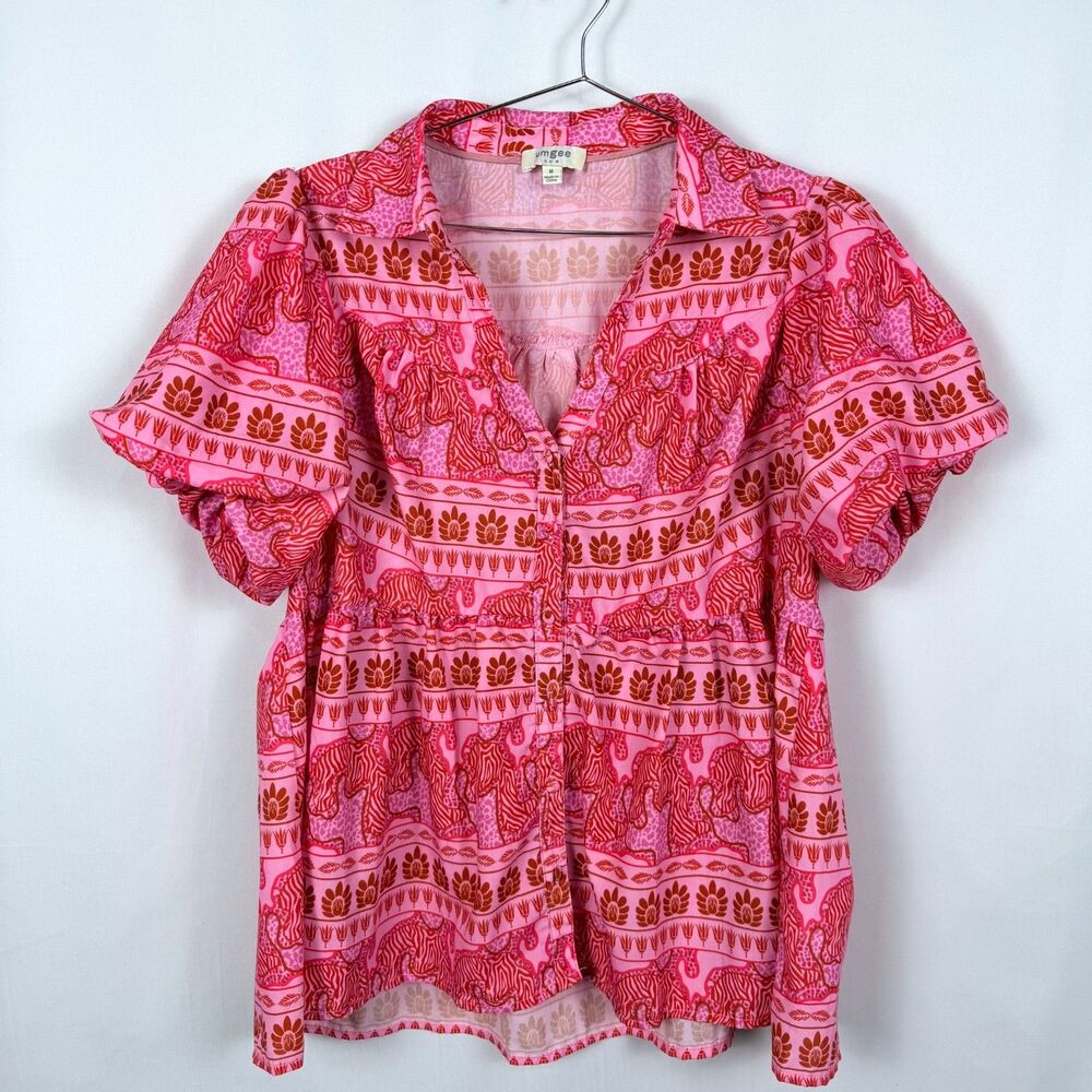 Umgee Pink Boho Mixed Animal Tile Print Button Down Puff Sleeve Blouse Women's M